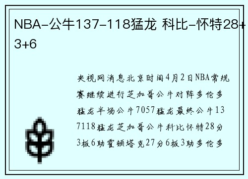 NBA-公牛137-118猛龙 科比-怀特28+3+6