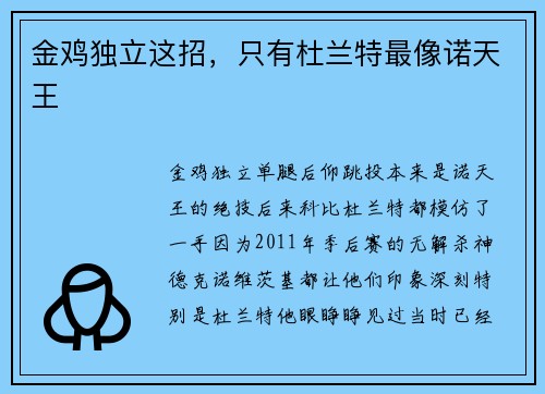 金鸡独立这招，只有杜兰特最像诺天王